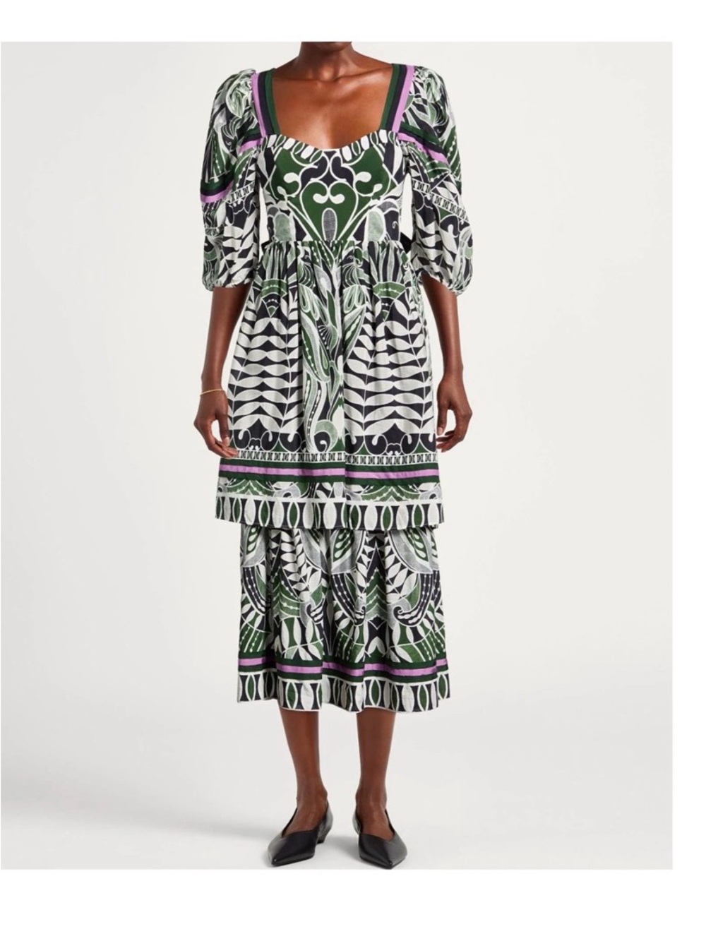 FARM Rio Green, White & Purple Printed Puff-Sleeve Midi Dress